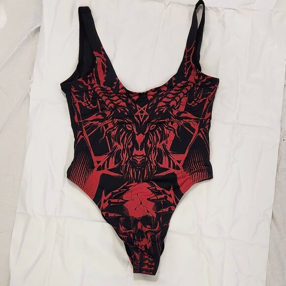 One-piece swimsuit with demon face in red and black. Size Medium. NWT - Picture 3 of 5